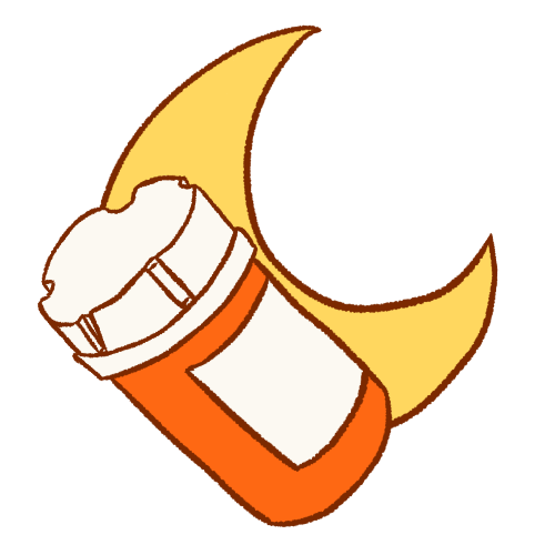 an orange pill bottle in front of a yellow crescent moon.